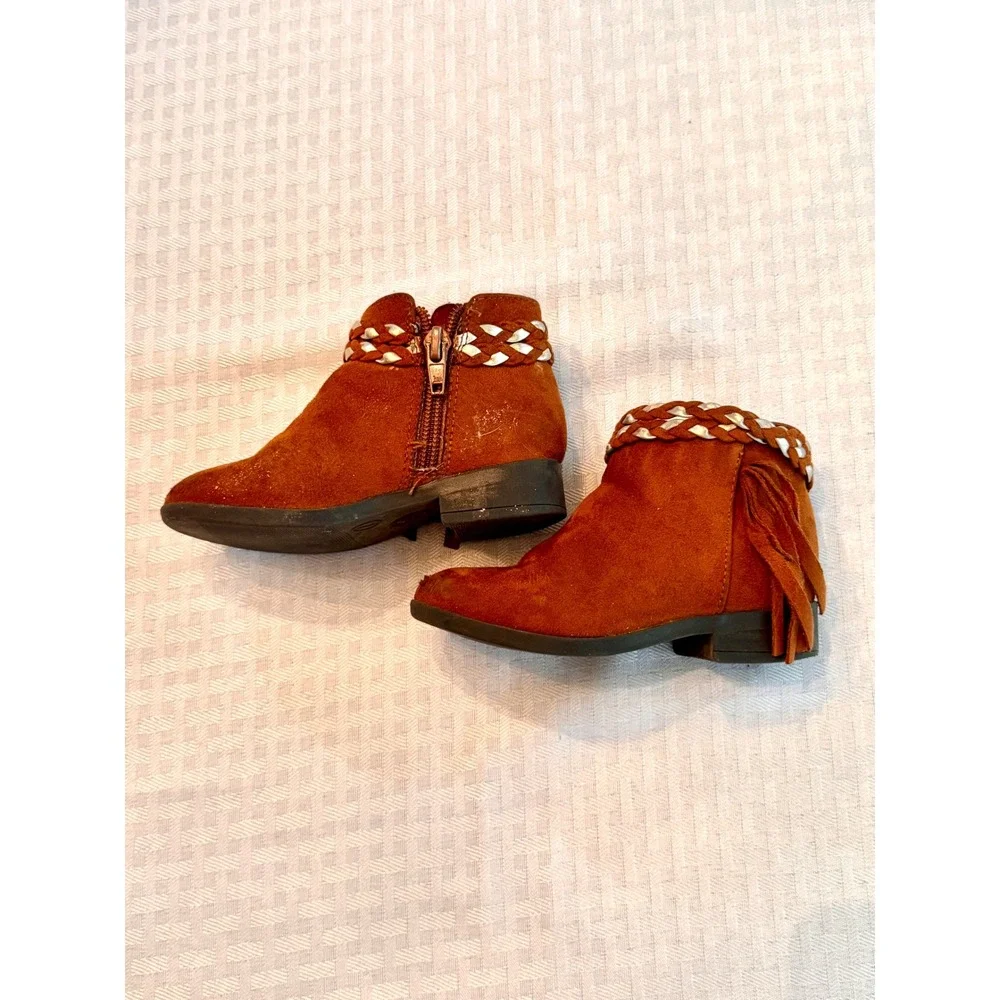 Wonder Nation Toddler Girls Western Fringe Ankle Boots Brown Size 7 Braided Trim